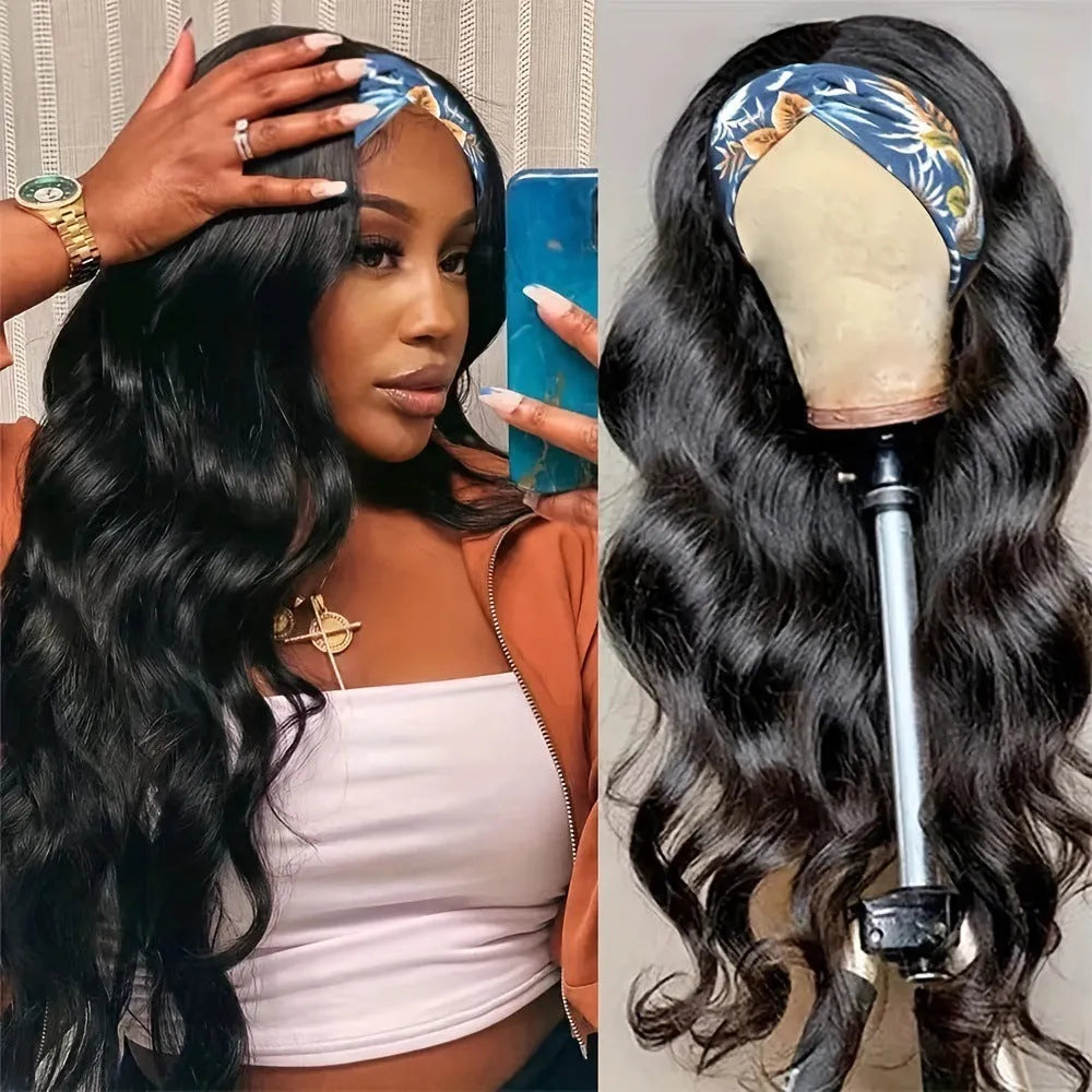 Headband wig with synthetic high temperature fibre hair in black straight, black curly, and wine red colour options
