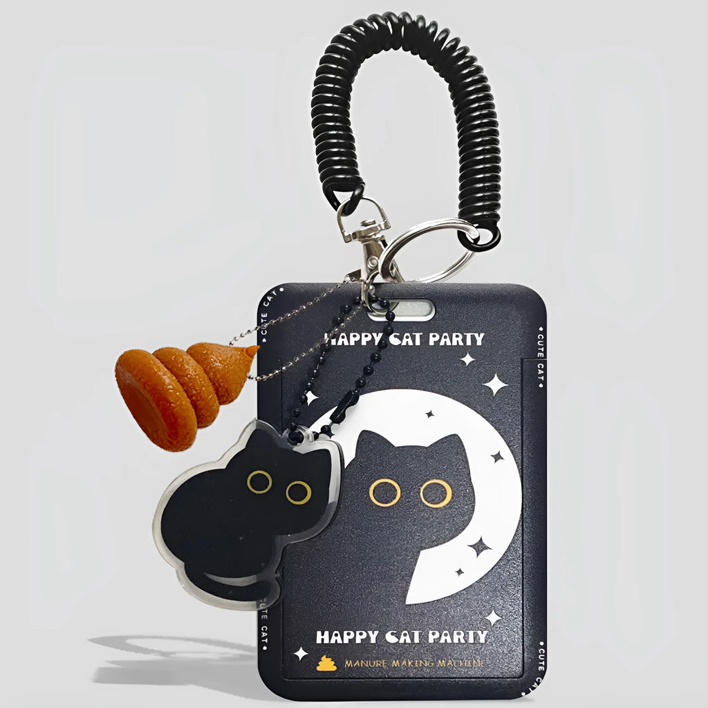 Plastic card holder with black cat cartoon design and ferrule pendant for bus, subway and student ID cards
