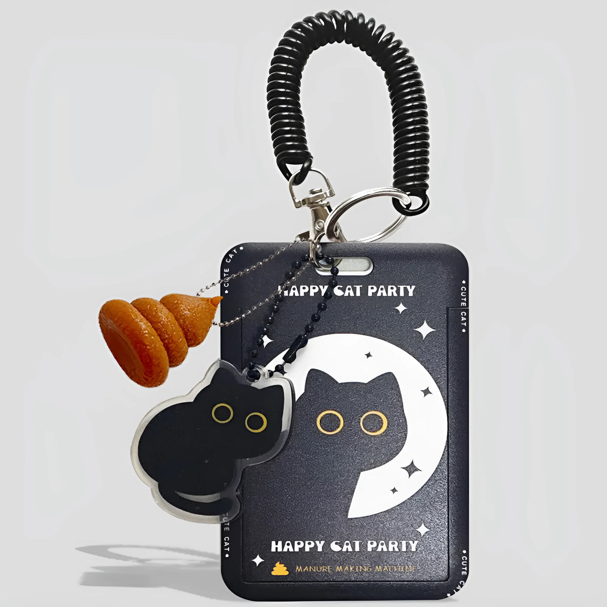 Plastic card holder with black cat cartoon design and ferrule pendant for bus, subway and student ID cards