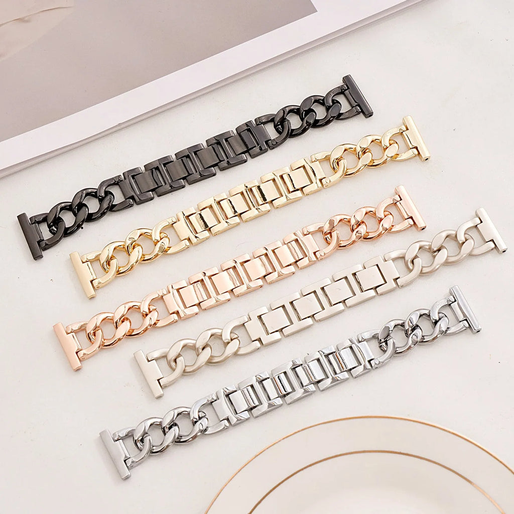 Denim chain metal watch strap for Apple Watch in silver, black, gold, rose gold, starlight colours showing 22mm lug width