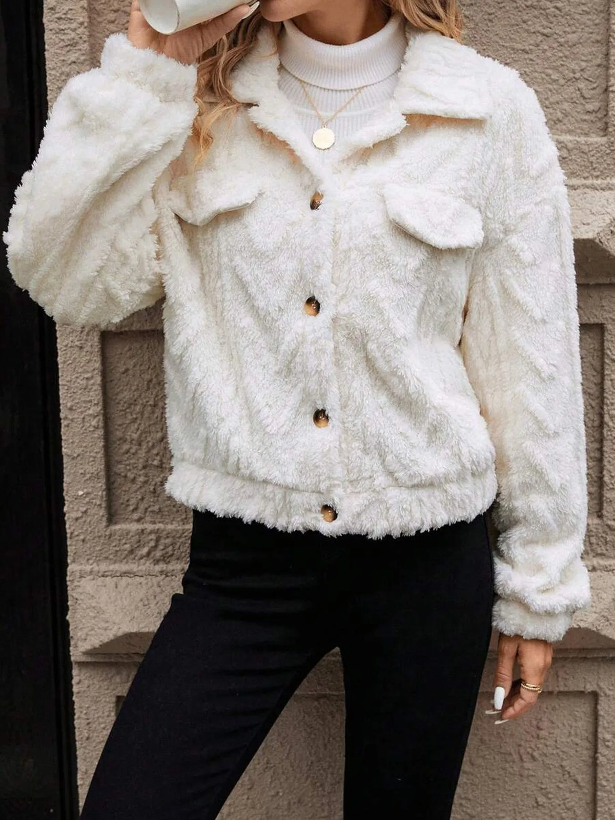 Women's ivory white plush button cardigan coat showing double-sided fabric and regular fit