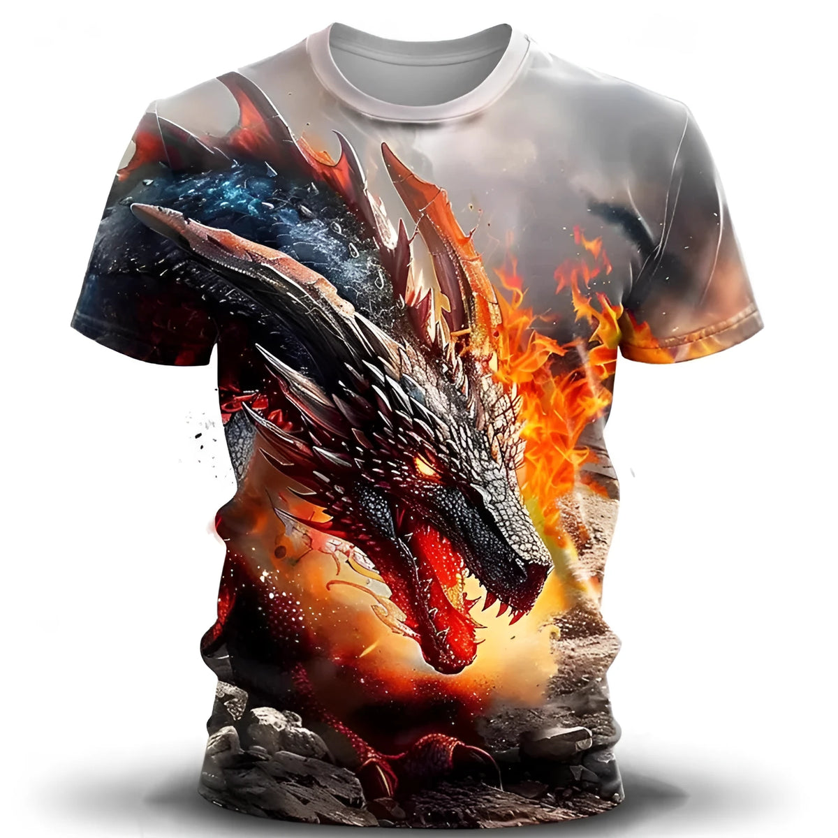 Men's grey T-shirt with a detailed 3D blue wind dragon print across the chest.