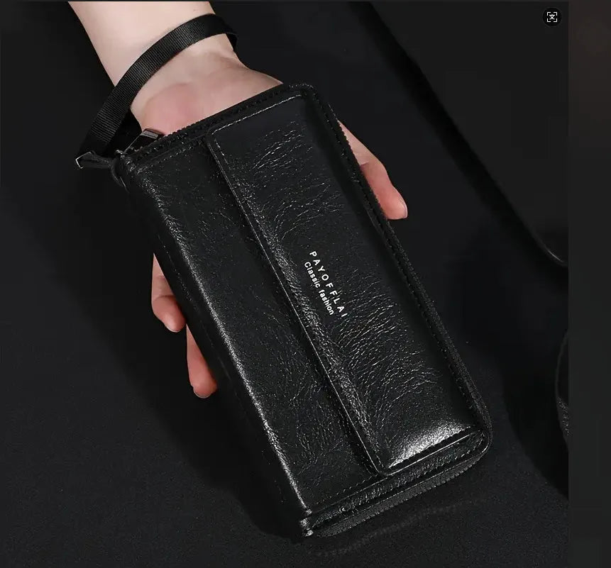 Men's brown PU bifold wallet with multiple card slots showing 19 cm length