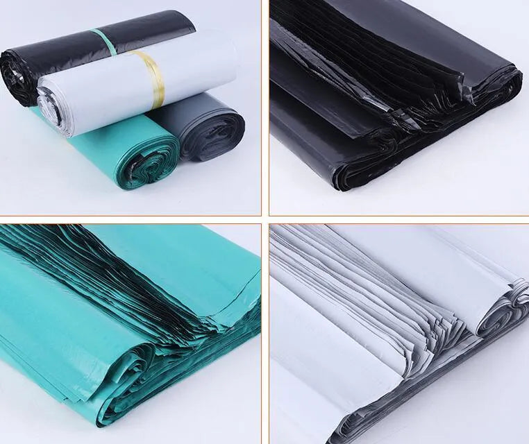 Clear plastic courier bag for clothing with self-adhesive sticker seal, shown in multiple sizes.