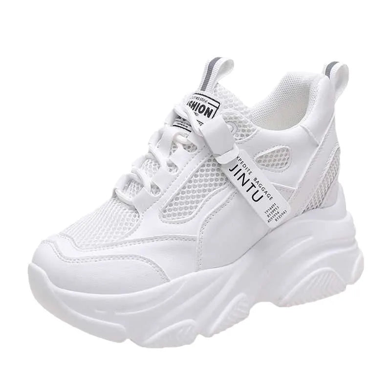 Women's black mesh platform casual shoes with an elastic toe holder and TPR sole