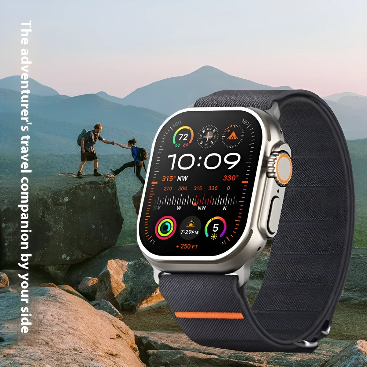 Elastic nylon Apple Watch compatible band with stainless steel buckle in sports style design