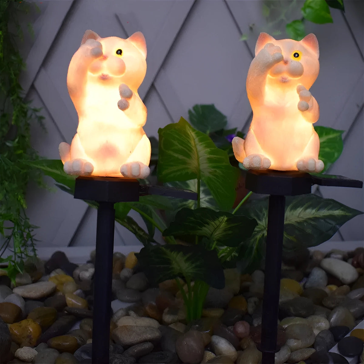 Brown cat-shaped solar lawn light for garden pathway illumination with weather-resistant resin construction
