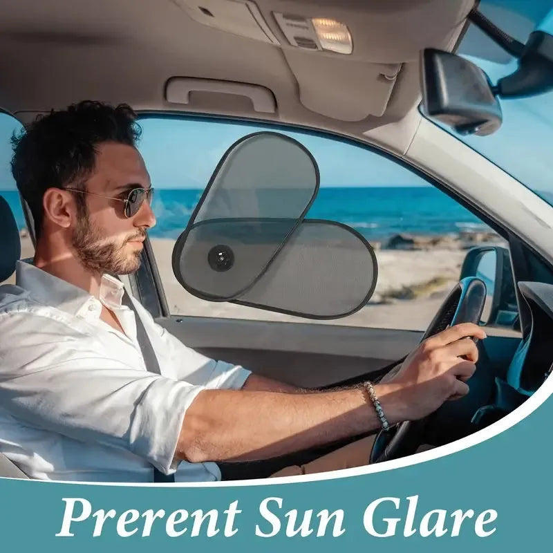 Black breathable car window shade attached to vehicle side window with suction cups