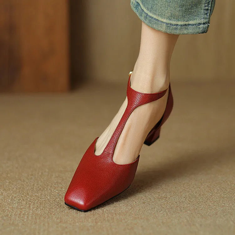 Women's wine red sheepskin leather square toe chunky heel shoes with buckle fastening