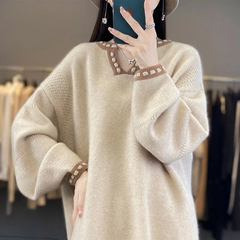Women's camel colour V-neck viscose fibre pullover sweater with long sleeves