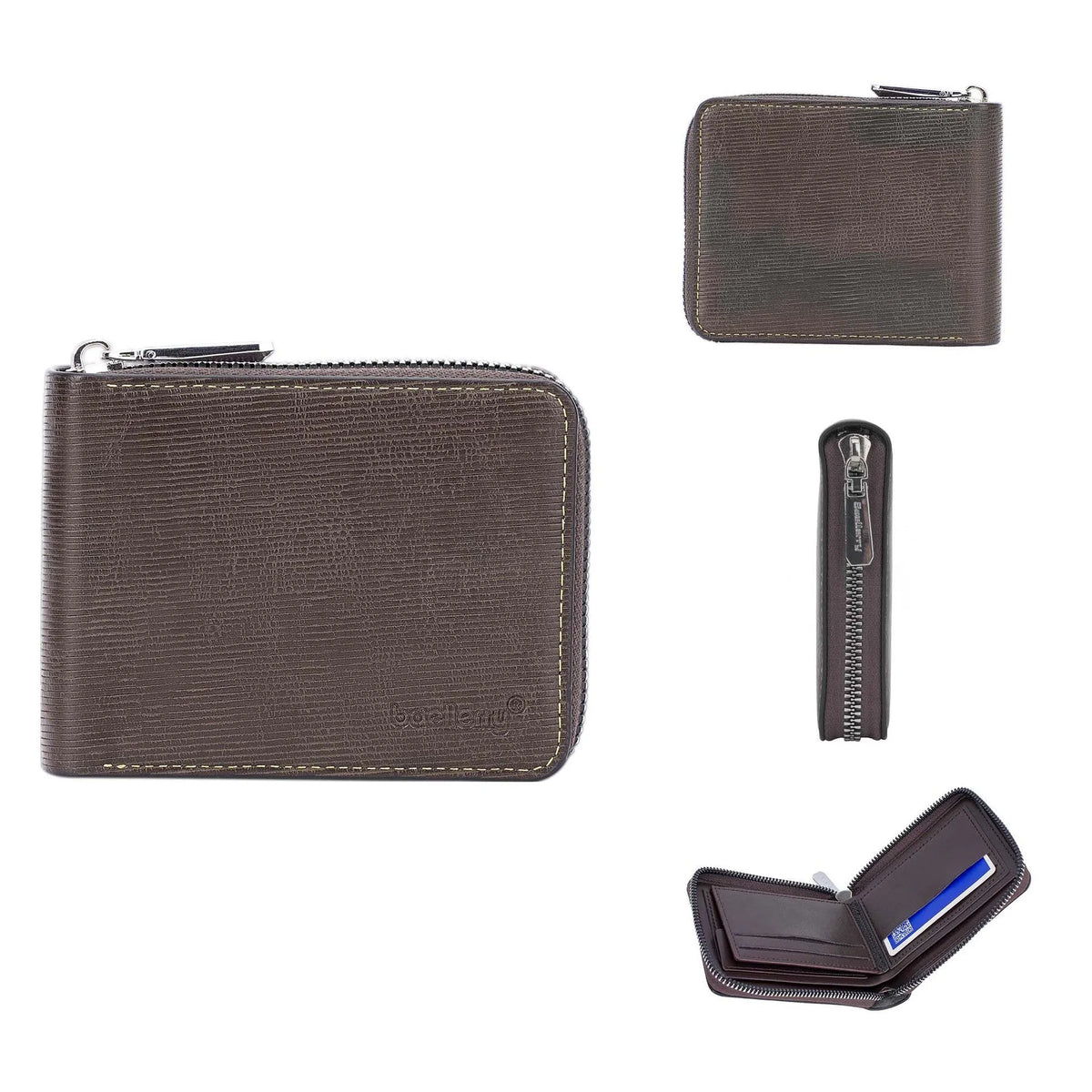 Black leather anti-theft credit card wallet with zipper closure and embossed pattern