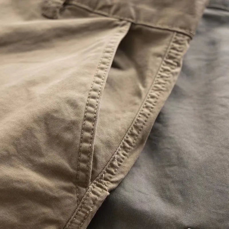 Men's cotton labour protection trousers with multiple pockets in khaki colour, cropped leg design