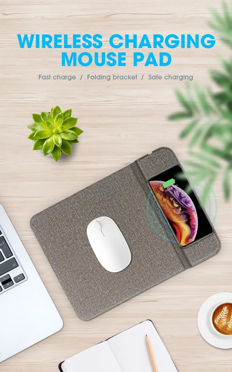Foldable cloth wireless charging phone holder showing folded and unfolded positions