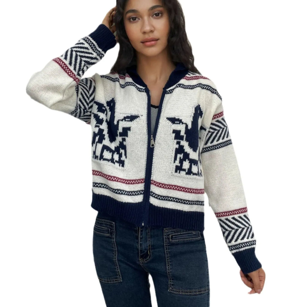 White women's cardigan with jacquard stripe pattern, zip front, and lapel collar on a hanger.