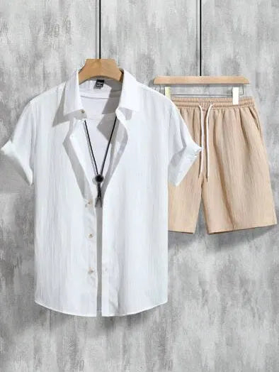 Men's casual short sleeve shirt and shorts set with 3D print design in elastic polyester fabric.