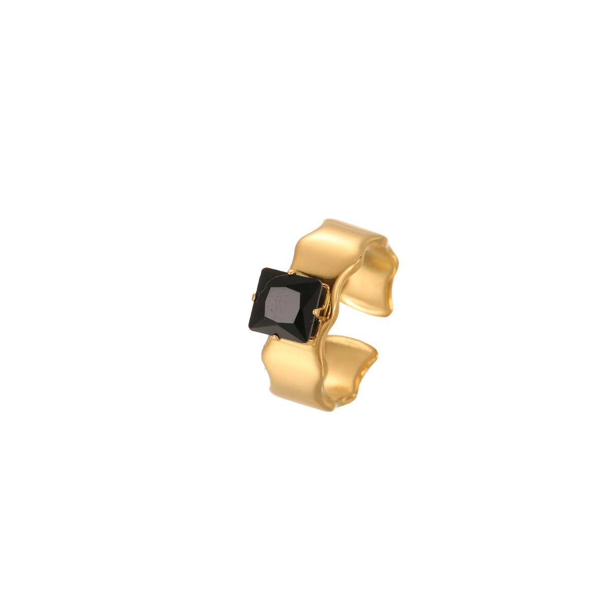 Geometric stainless steel ring with open mouth design and inlaid zircon details