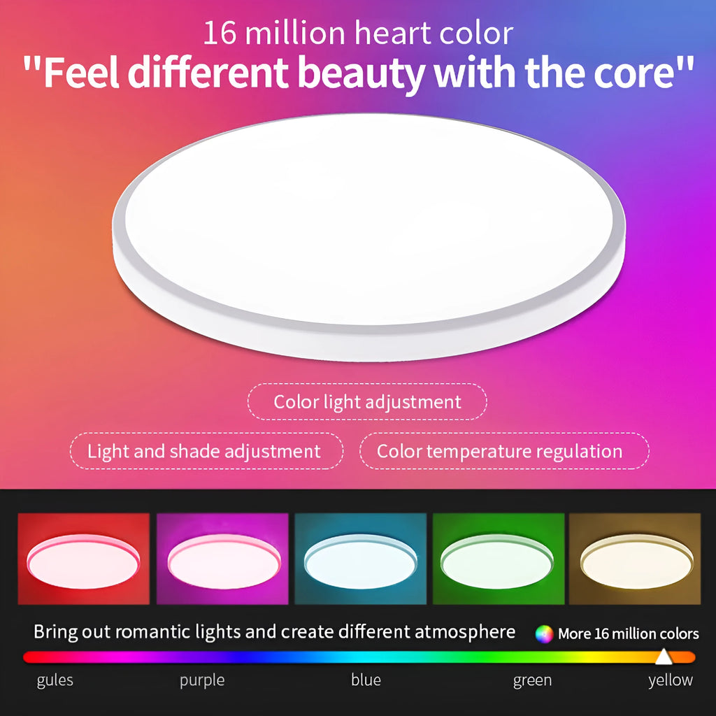 Black or white intelligent Bluetooth ceiling lamp with RGBCW colour control and adjustable white light