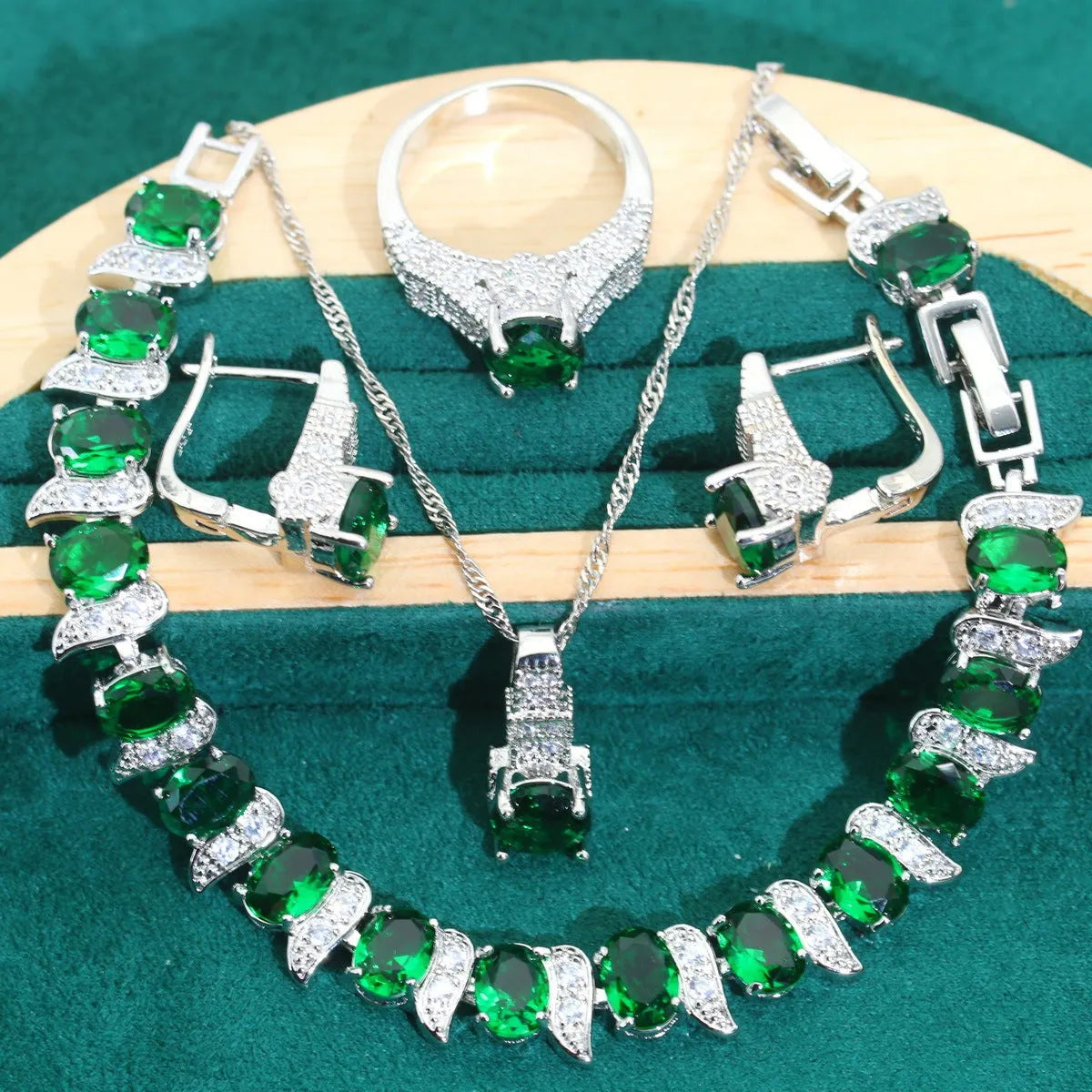 Bridal zircon alloy jewellery four-piece set with necklace, earrings, bracelet and ring in water wave chain design