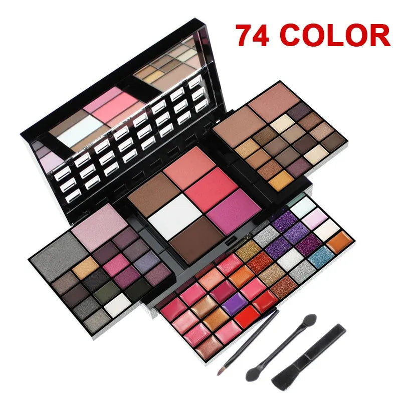 74 colour makeup palette set with four powder plates, a mirror, and included eyeshadow stick, contour brush, and lip brush