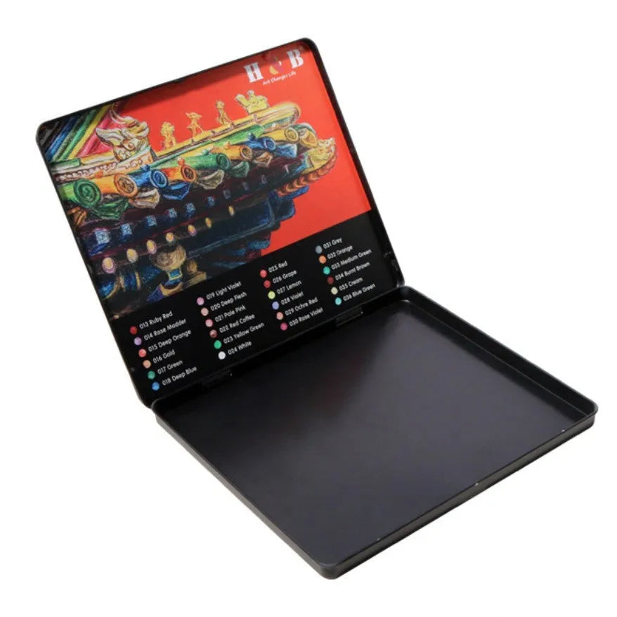 Water-soluble coloured pencils set with 24 wooden barrel colours in iron storage box HB-WPTB024