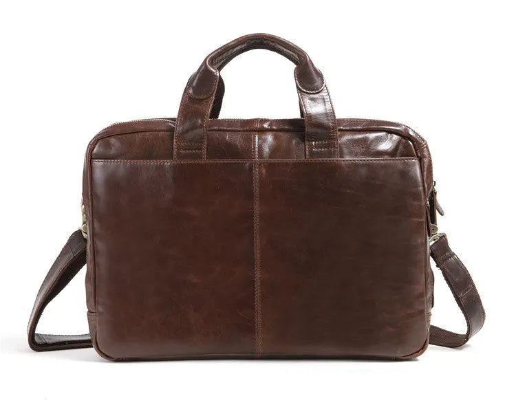 Brown cowhide leather business briefcase with 18-inch laptop compartment and polyester cotton lining