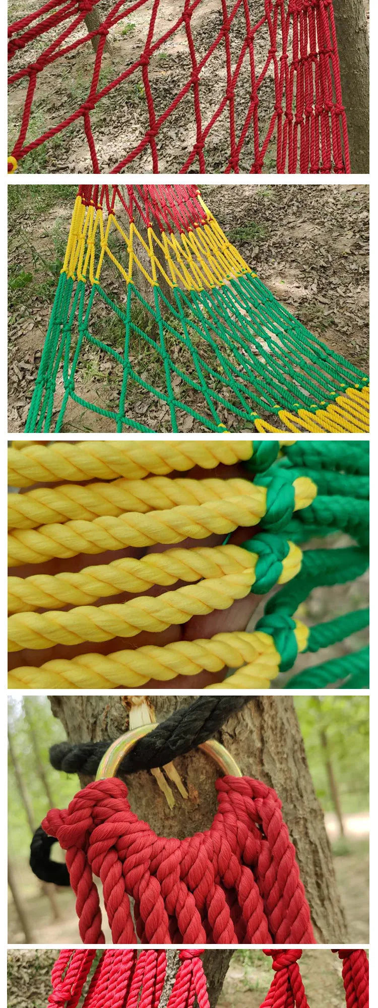 Nylon rope mesh outdoor hammock showing bold pattern construction with tying equipment