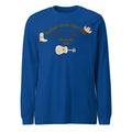 Blue men's loose fit polyester sweater with printed letters and patterns, round neck pullover design