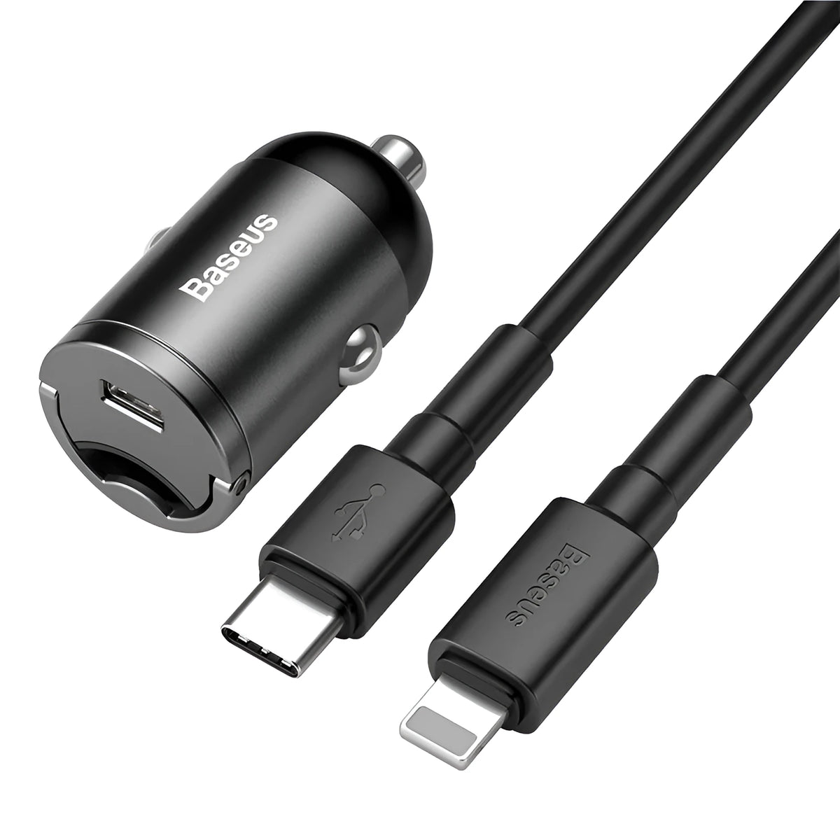 Baseus electro-optical grey 30W PPS fast car charger with single USB port and 1 metre cable