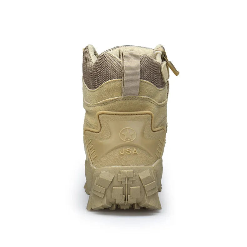 Men's black tactical military boots with rubber sole on an outdoor surface.