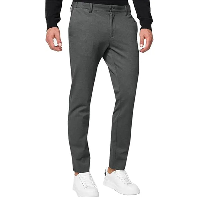Men's slim-fit tapered chino trousers in stretch cotton blend fabric, shown in Army Green colour