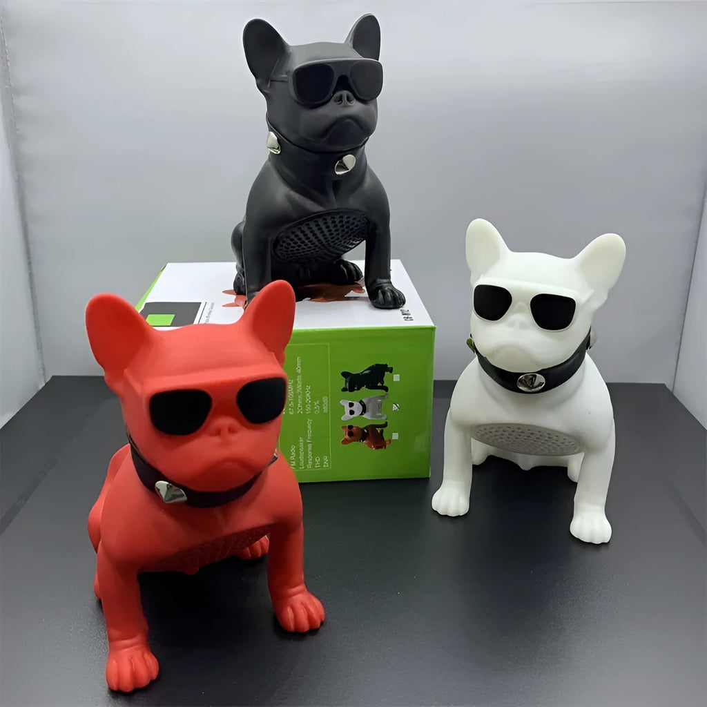 Mini bulldog-shaped Bluetooth speaker in black, red or white colours showing compact design