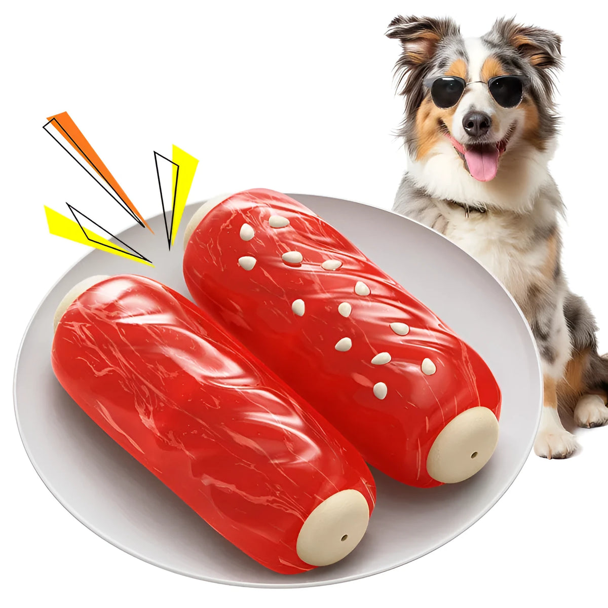 Glue Toothbrush Snack Molar Rod plastic dog chew and treat dispenser toy in primary colour.