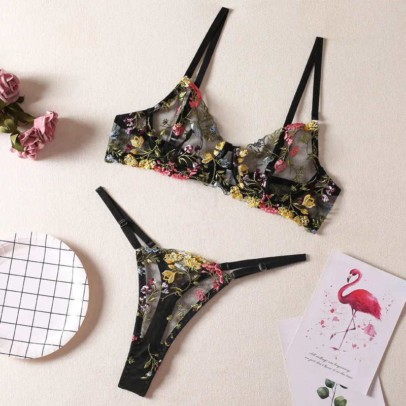 Floral mesh bra with steel ring T-back construction in skin colour