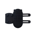 Silicone cat grooming comb with adjustable strap attached to table leg for hair removal and scratching relief