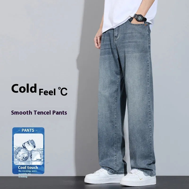 Straight leg casual trousers in thin ice silk denim with wide leg design