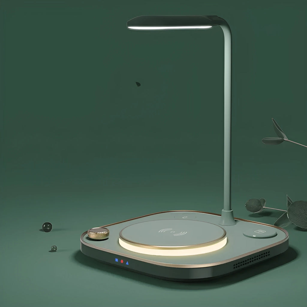 Black, green, or white three-in-one 15W wireless magnetic charger with optional desk lamp and Type-C cable.