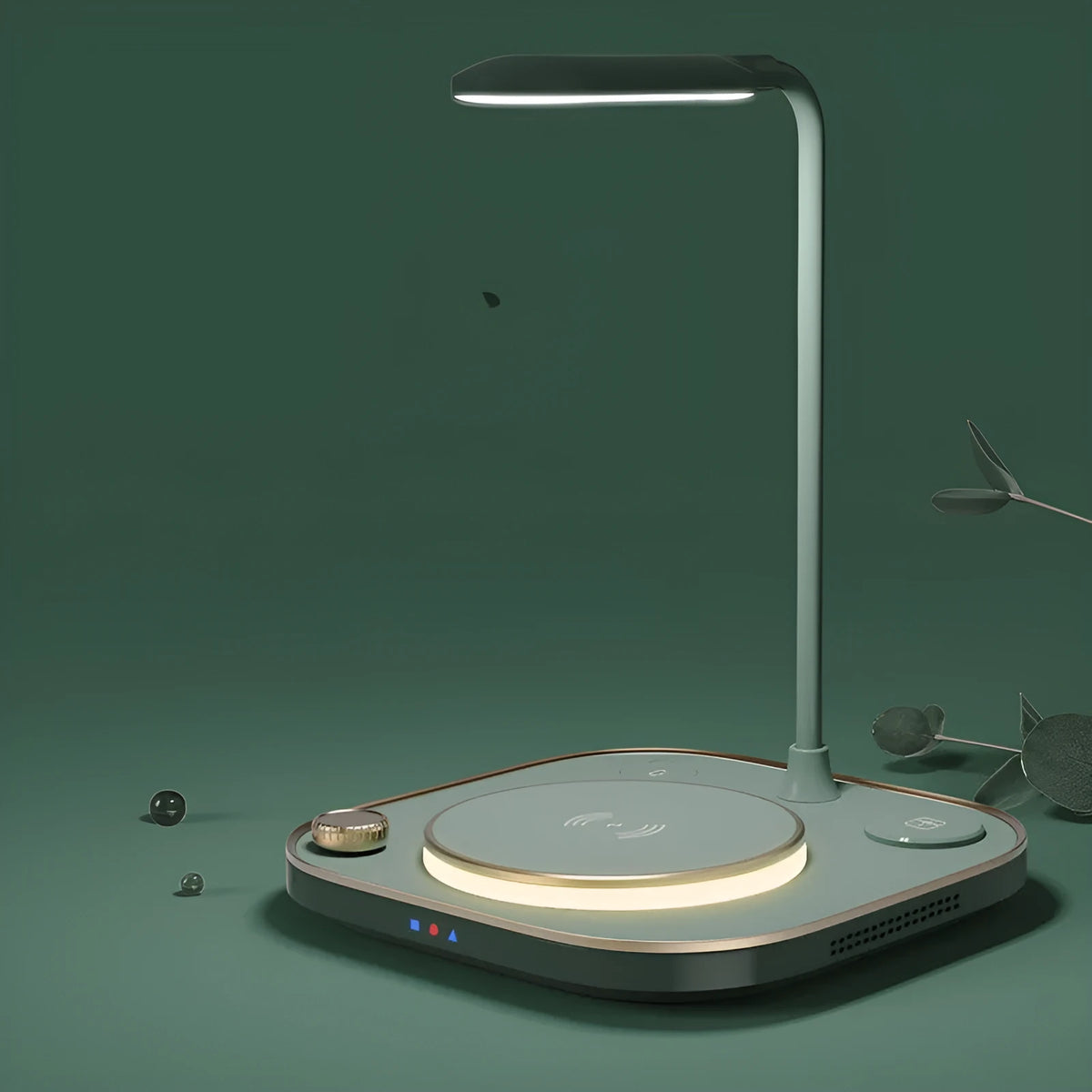 Black, green, or white three-in-one 15W wireless magnetic charger with optional desk lamp and Type-C cable.