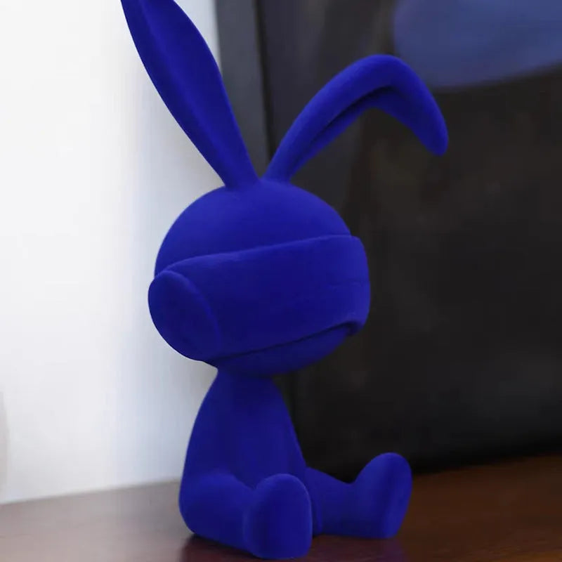 Suede blindfold rabbit resin table ornament in blue, green, or red colour options for home decoration