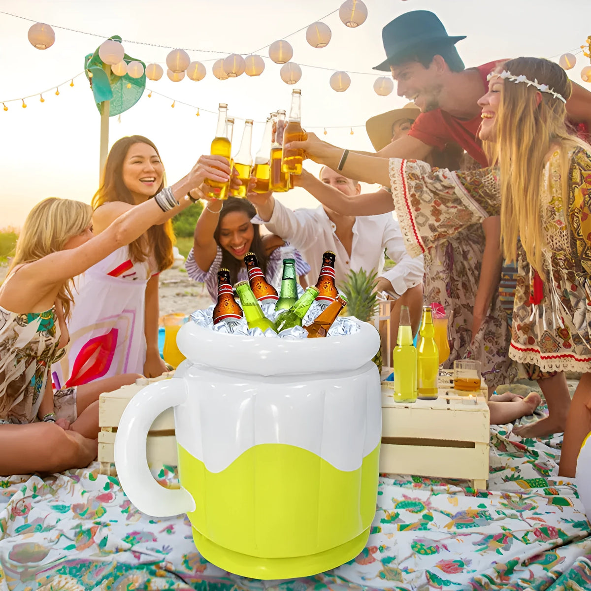 Bright yellow PVC inflatable ice bucket for outdoor parties and camping use