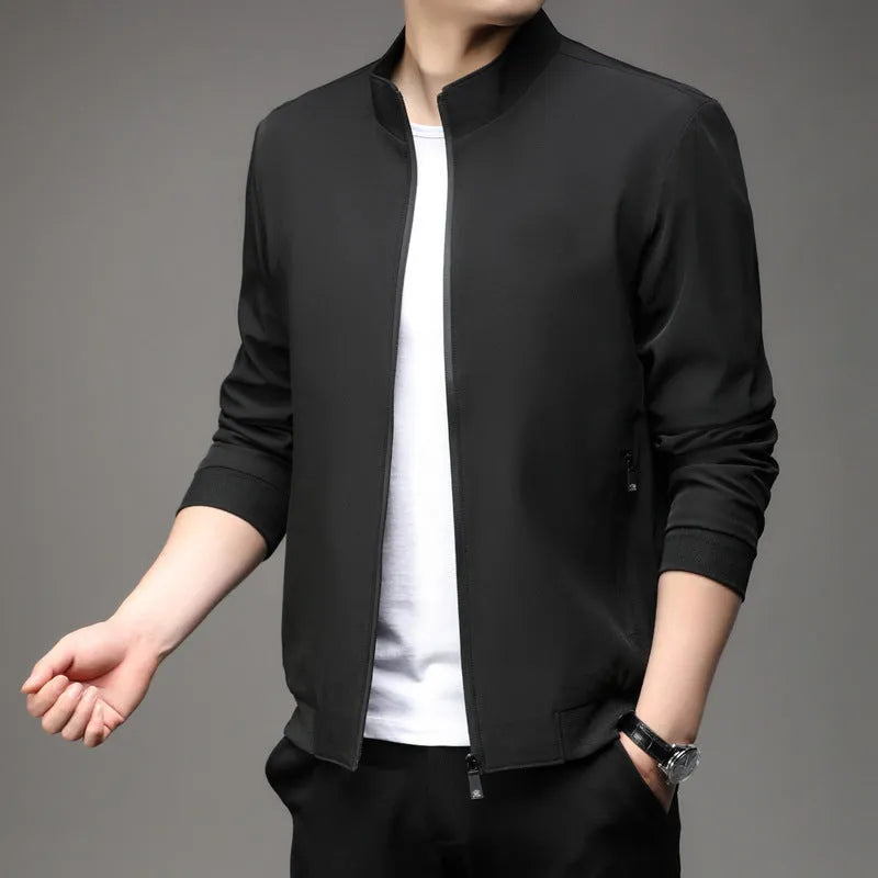 Korean-style loose-lapel casual jacket in polyester blend fabric with zipper closure and pocket styling