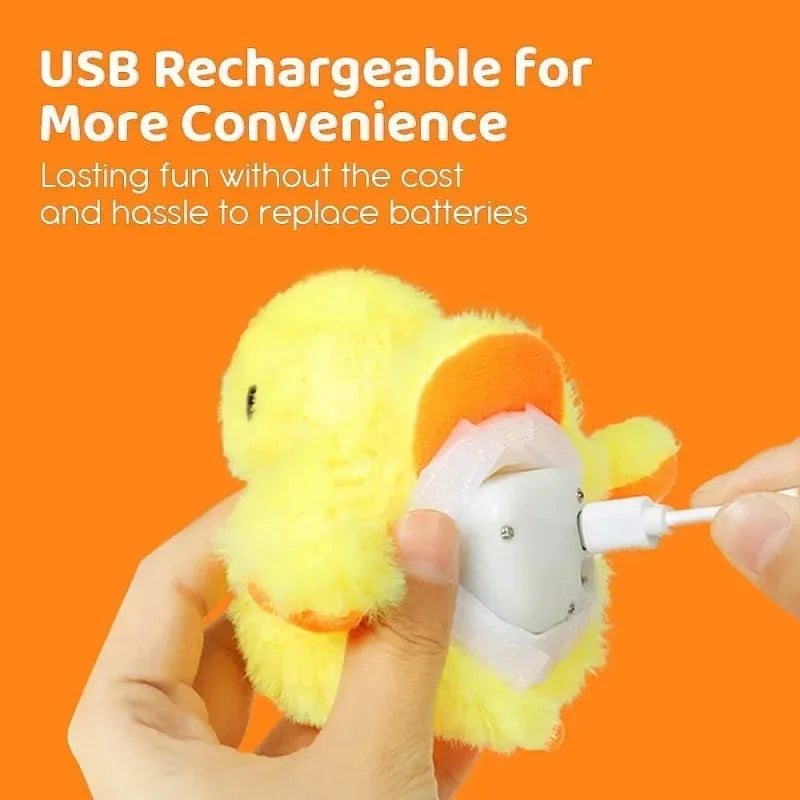 Yellow flapping duck cat toy with vibration sensor and washable plush cover
