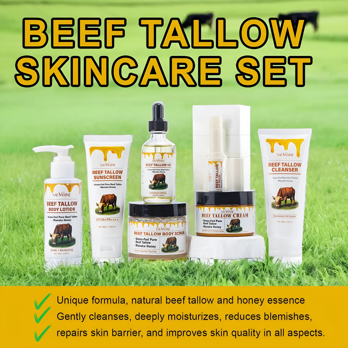 Butter Honey seven-piece skincare set showing facial cleanser, face cream, lip balm, protective cream, body lotion and facial scrub