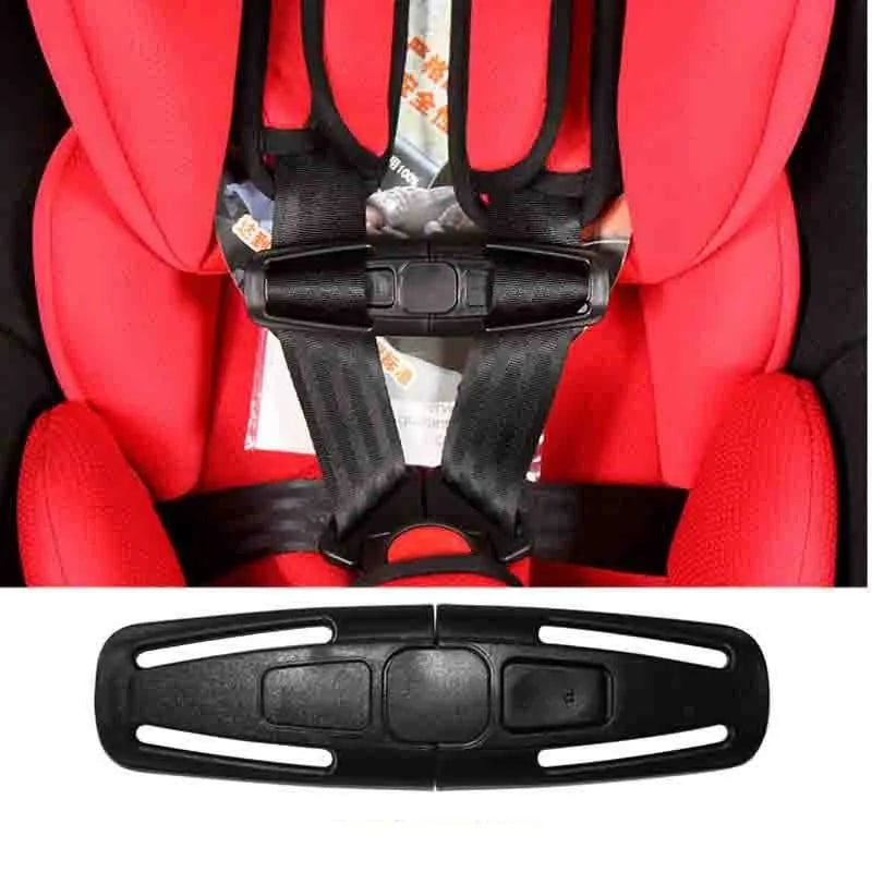 Black PA66 nylon child safety seat buckle clip for 5-point harness systems measuring 14.5cm by 4cm