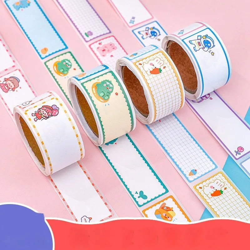 Roll of cartoon tape name stickers with dinosaur astronaut rabbit girl print designs for organisation