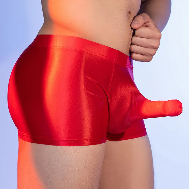 Red men's boxers with elephant nose animal print pattern and seamless construction