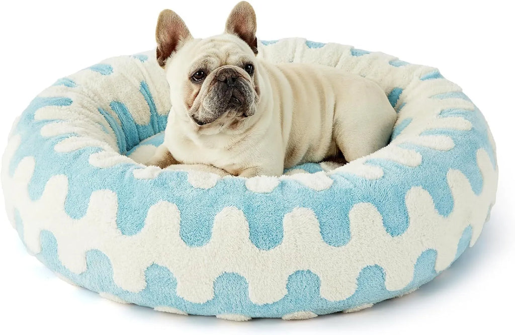 Round plastic dog bed with plaid pattern cover in sea blue white colour combination