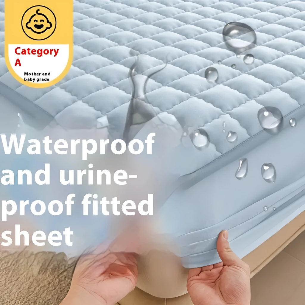 Class A waterproof fitted sheet in washed cotton, shown in light grey colour on a child's mattress.