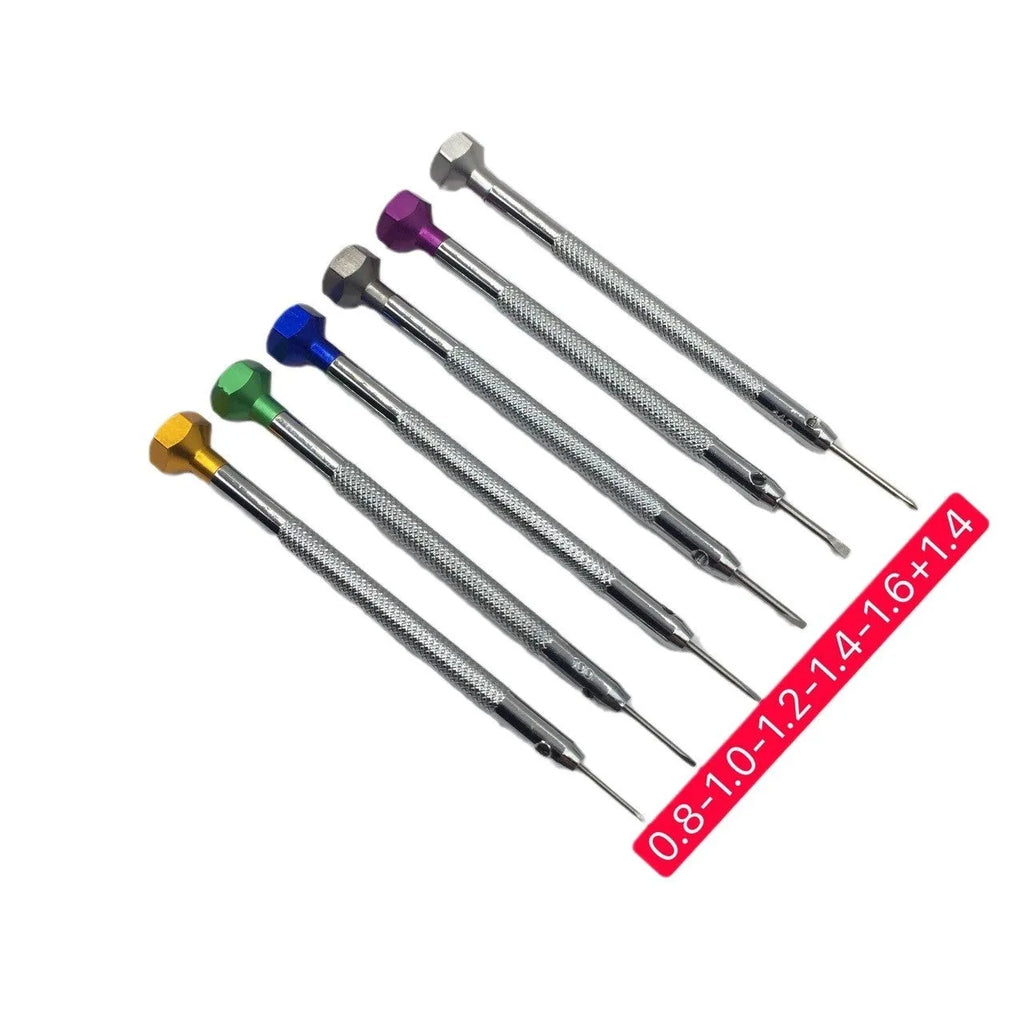 Six coloured aluminium handle screwdrivers for watch repair with spring steel cutter heads