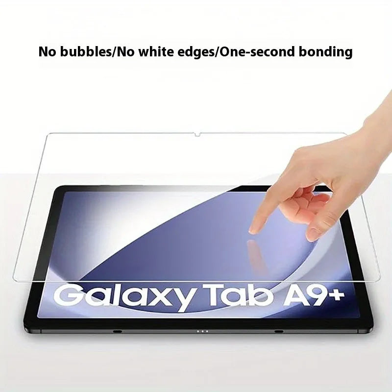 Two Samsung Galaxy tablet screen protectors made of HD tempered glass in a leather storage bag.