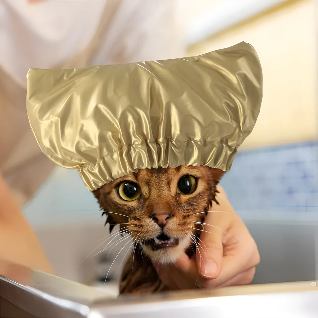 Adjustable waterproof shower cap for a cat or dog in gold, pink, or silver colour.